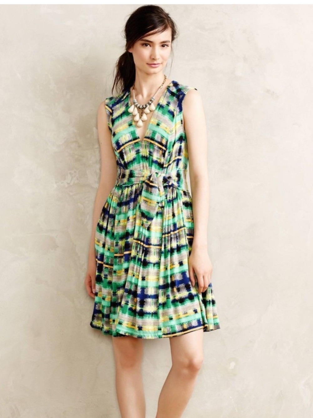 Anthropologie Jersey Dress Green, Navy & Yellow Patterned